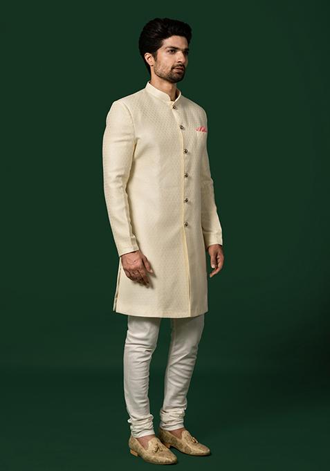 White Woven Design Silk Blend Sherwani Set