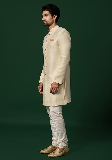 White Woven Design Silk Blend Sherwani Set