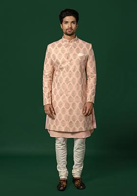 Pink Self Design Cotton Blend Kurta Sherwani Set