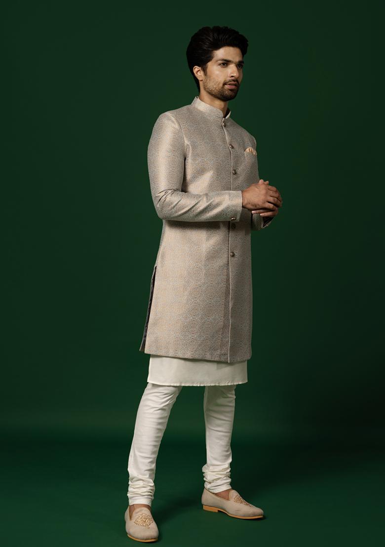 Cream Woven Design Silk Blend Kurta Sherwani Set