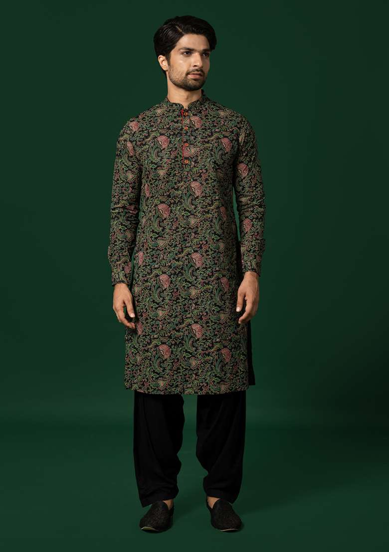 Black Printed Cotton Blend Kurta Set - Indya