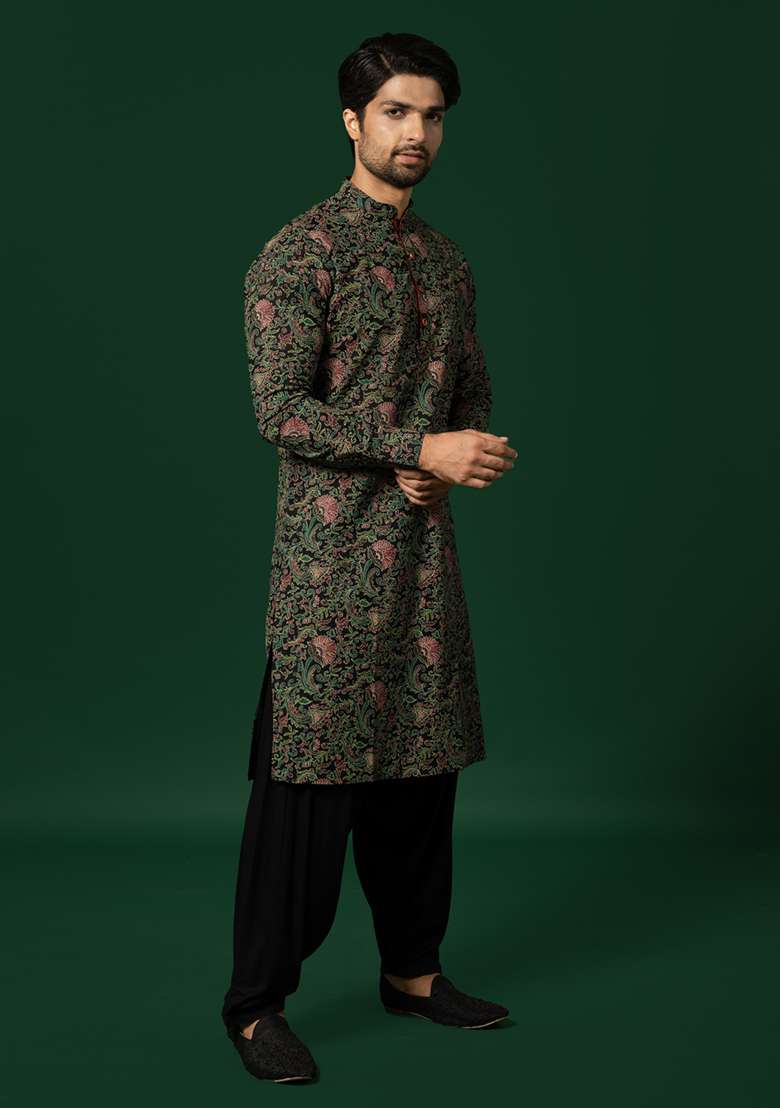 Black Printed Cotton Blend Kurta Set - Indya