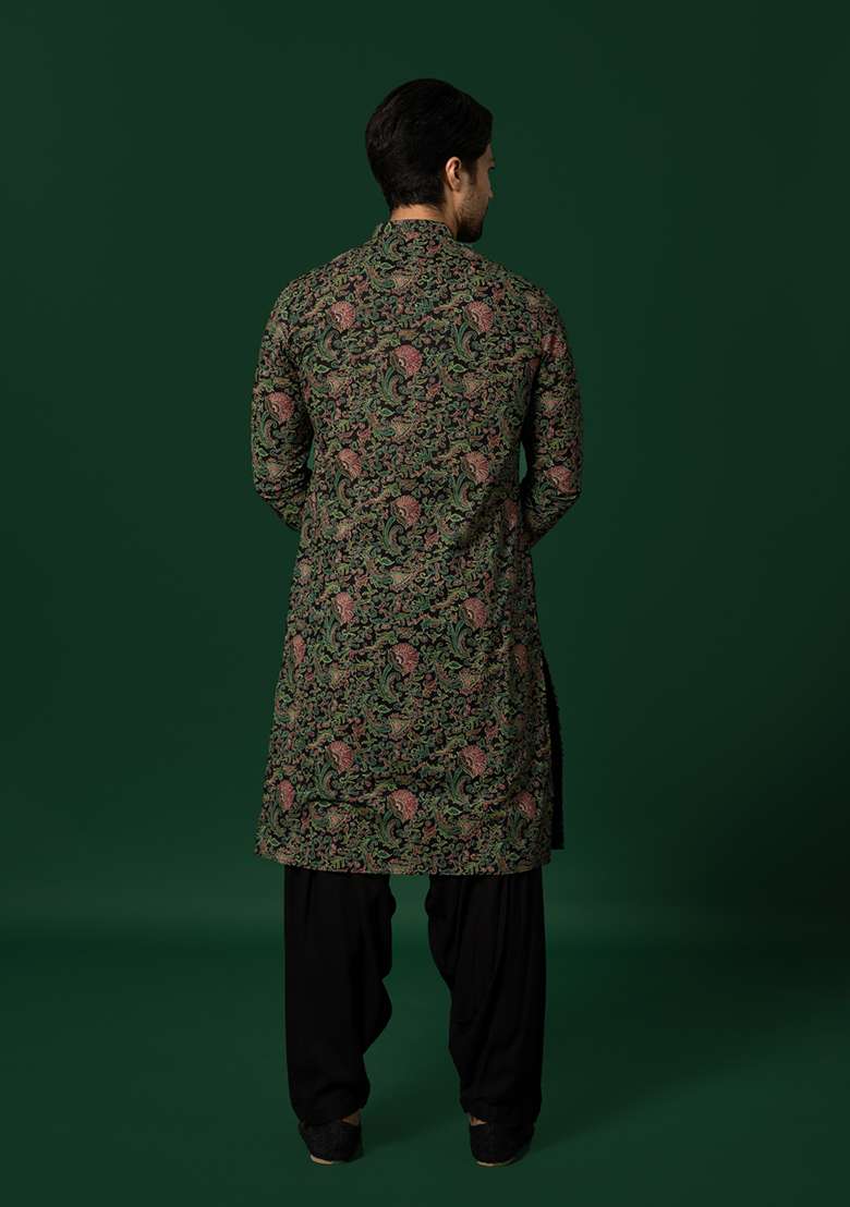 Black Printed Cotton Blend Kurta Set - Indya