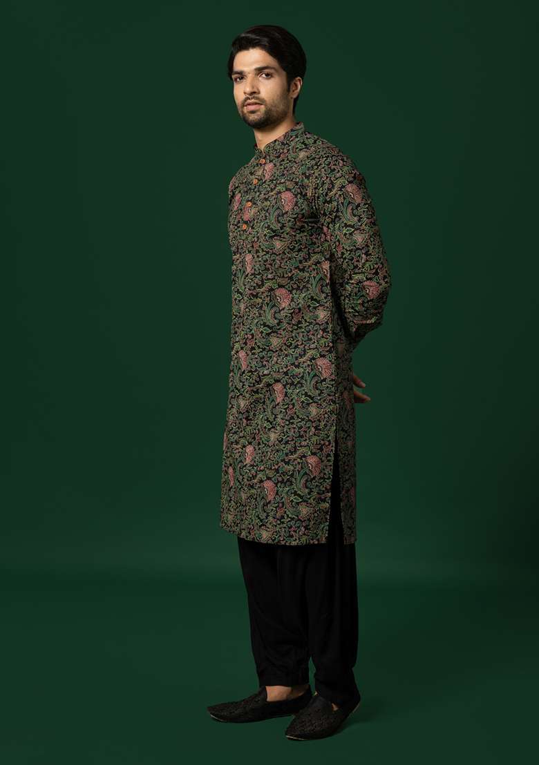 Black Printed Cotton Blend Kurta Set - Indya