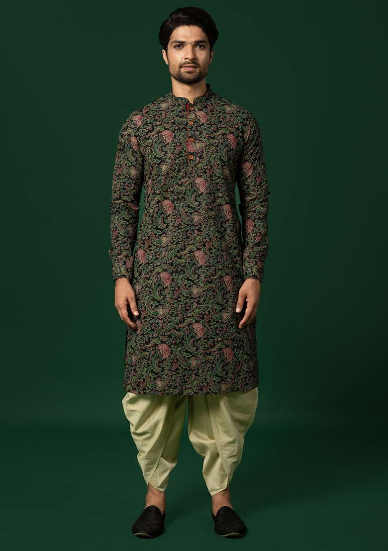 Black Printed Cotton Blend Kurta Set - Indya