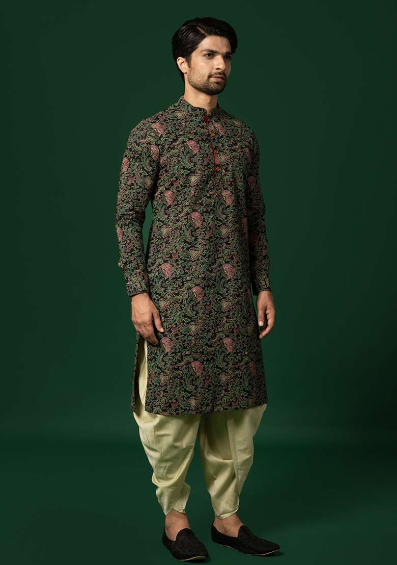 Black Printed Cotton Blend Kurta Set - Indya