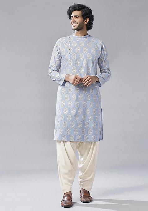 Blue Printed Cotton Blend Kurta Set