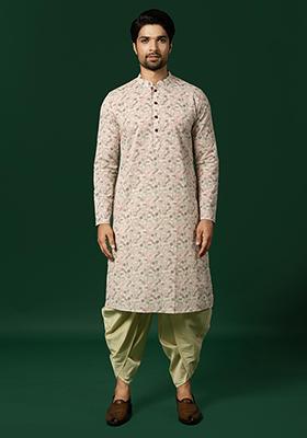 White Printed  Cotton Blend Kurta Set