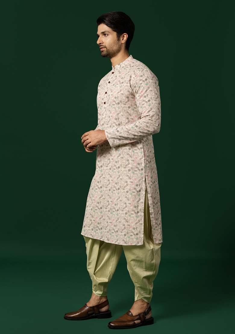 White Printed  Cotton Blend Kurta Set - Indya