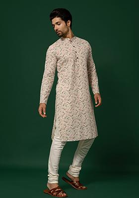 White Printed  Cotton Blend Kurta Set