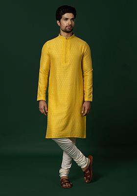 Yellow Woven Jacquard Cotton Blend Kurta Set