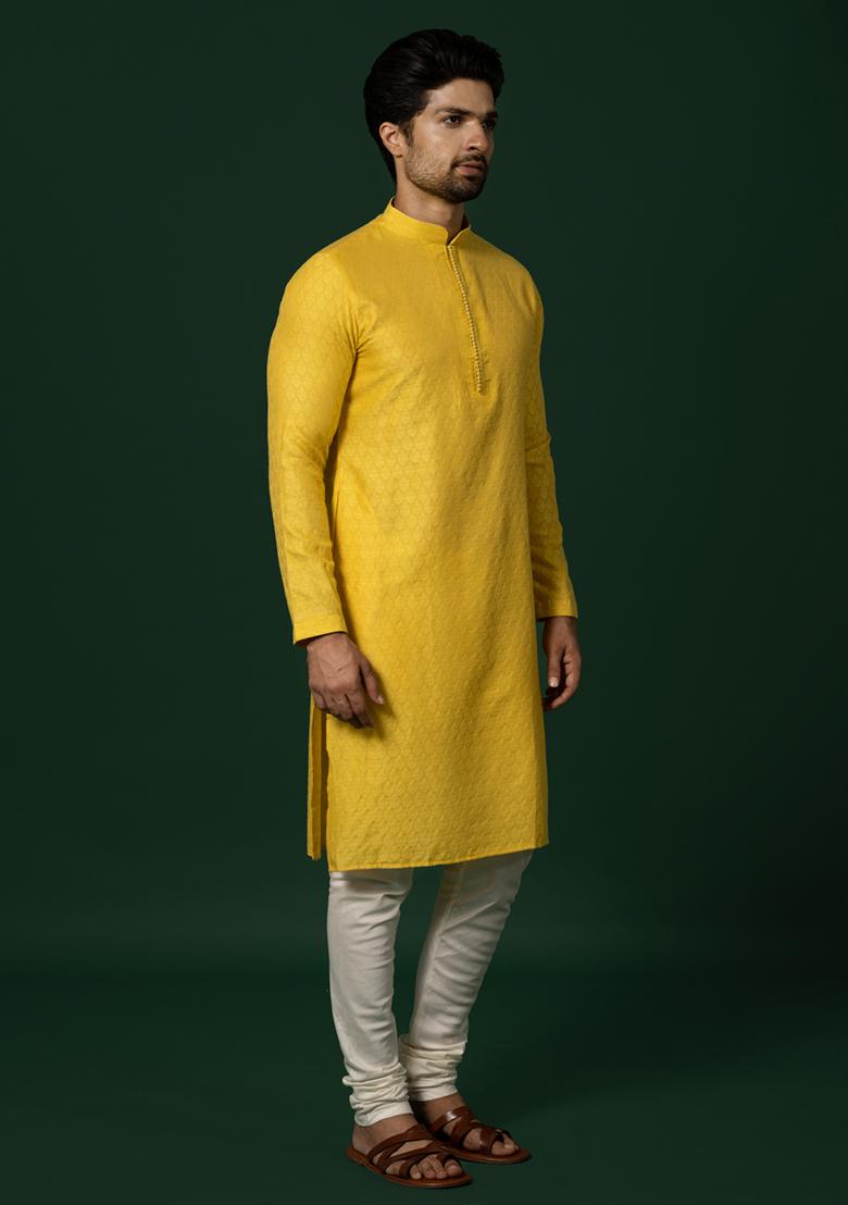 Yellow Woven Jacquard Cotton Blend Kurta Set