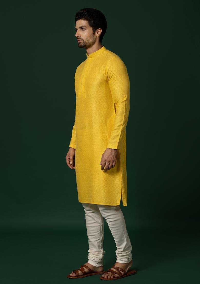 Yellow Woven Jacquard Cotton Blend Kurta Set