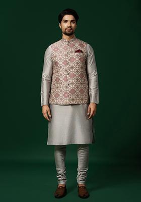 Grey Jacquard Silk Blend Kurta Jacket Set