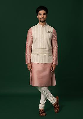 White Printed Cotton Blend Kurta Jacket Set