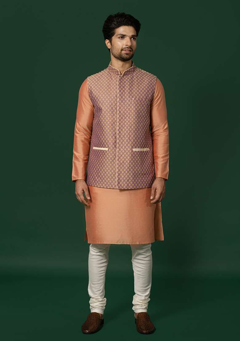 Mauve Textured Cotton Blend Kurta Jacket Set - Indya