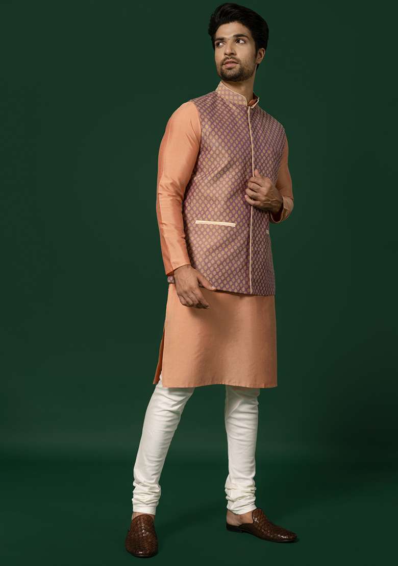 Mauve Textured Cotton Blend Kurta Jacket Set - Indya
