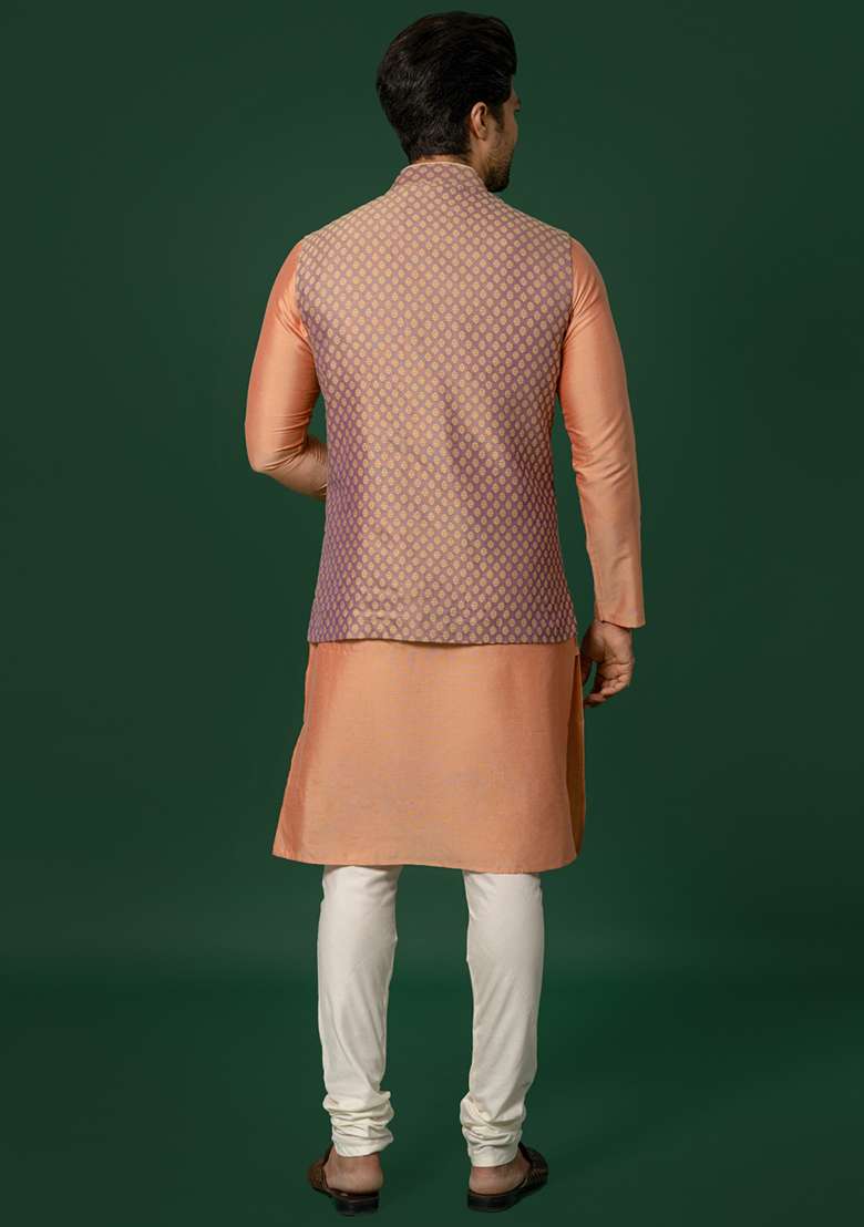 Mauve Textured Cotton Blend Kurta Jacket Set - Indya