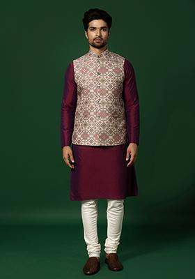 Grey Printed Silk Blend Kurta Jacket Set