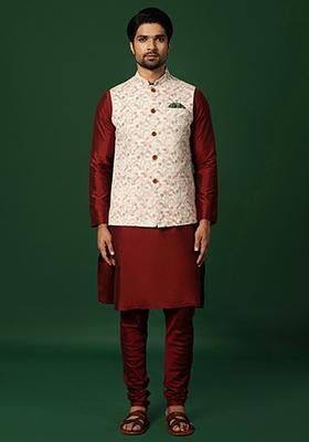 Cream Printed Cotton Blend Kurta Jacket Set