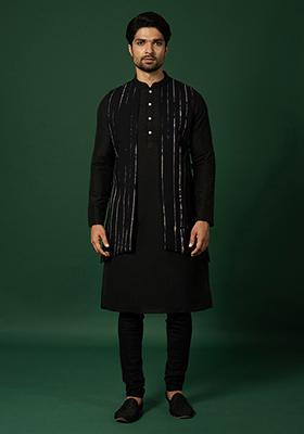 Black Printed Cotton Blend Kurta Jacket Set