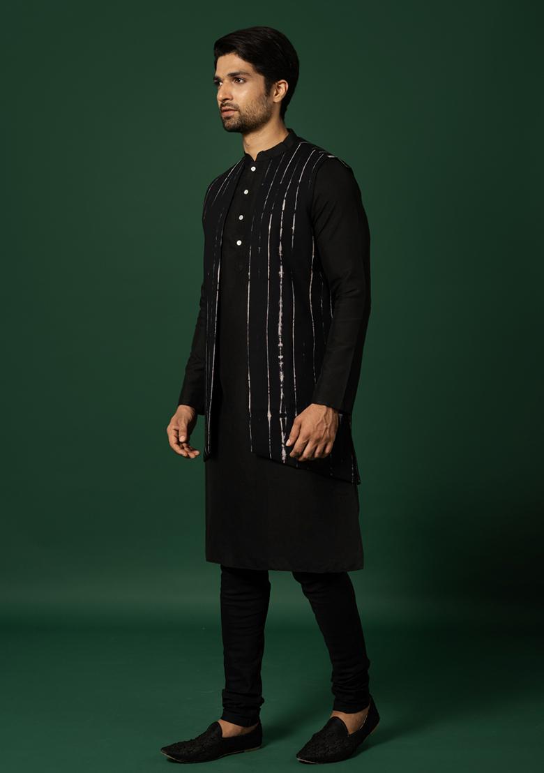Black Printed Cotton Blend Kurta Jacket Set - Indya