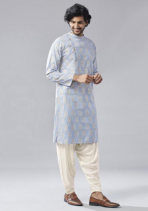 Blue Printed Cotton Blend Kurta