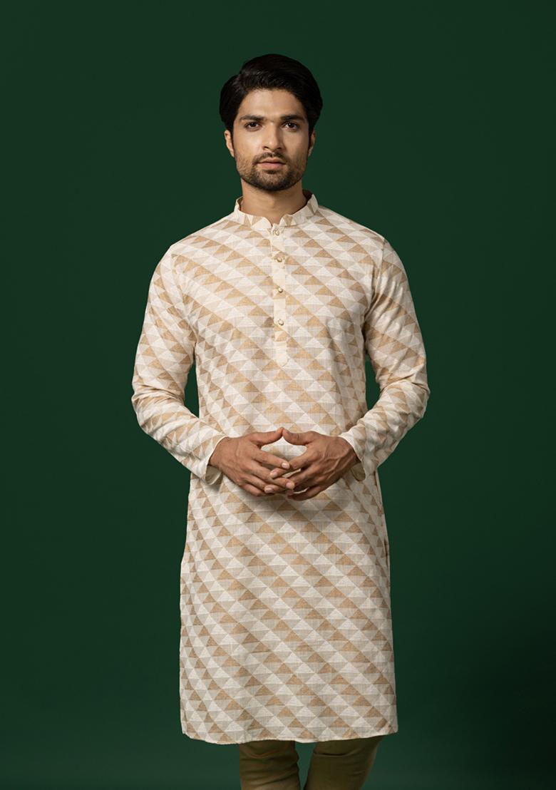 Cream Printed Cotton Blend Kurta - Indya