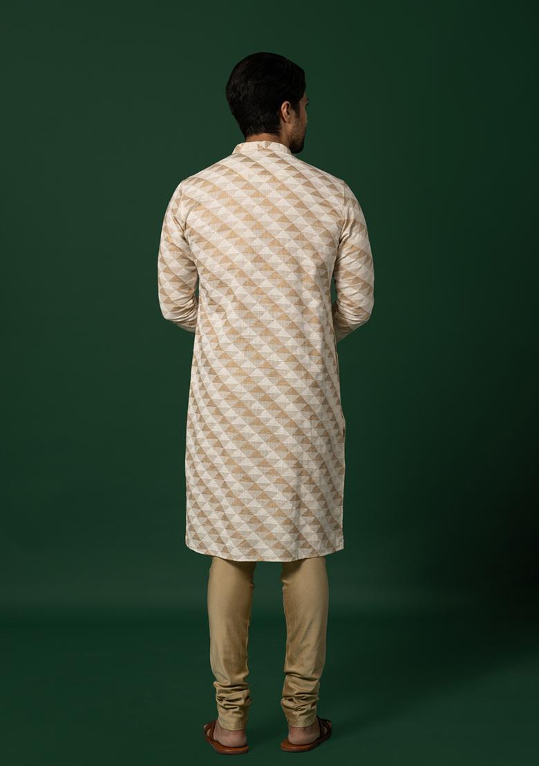 Cream Printed Cotton Blend Kurta - Indya