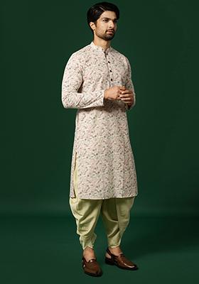 White Printed  Cotton Blend Kurta