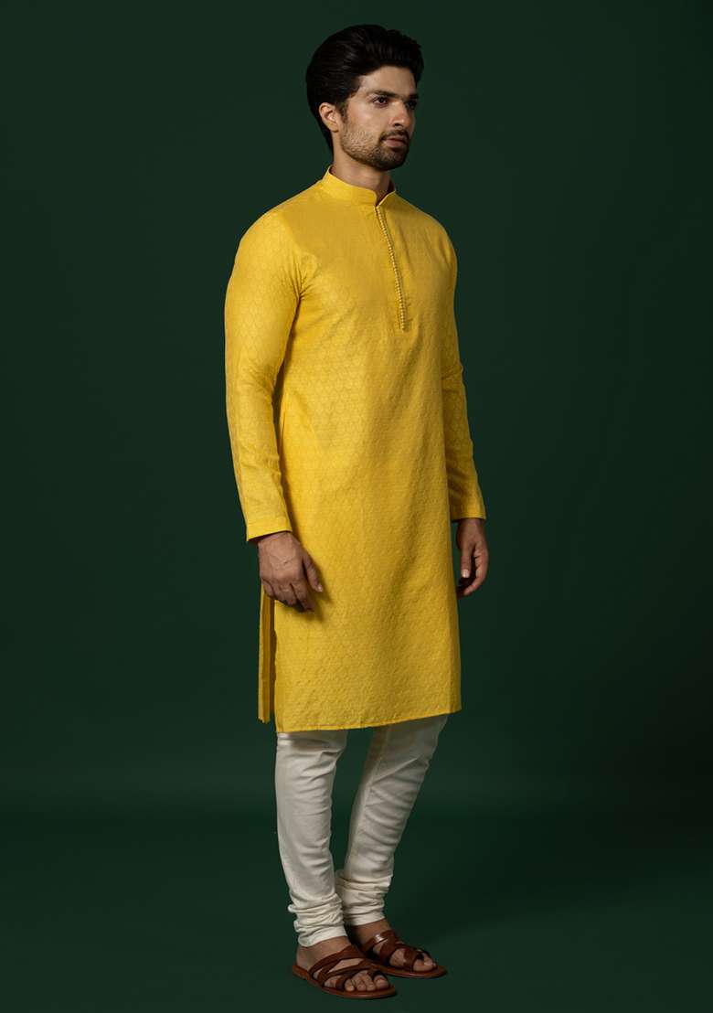 Yellow Woven Jacquard Cotton Blend Kurta - Indya