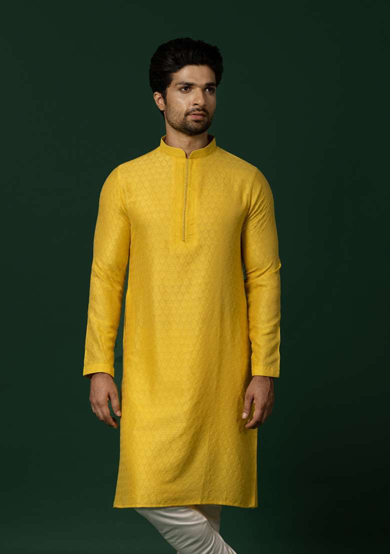 Yellow Woven Jacquard Cotton Blend Kurta - Indya