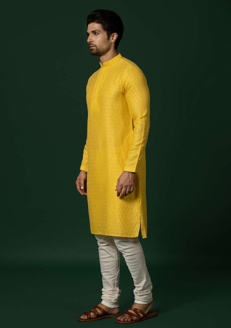 Yellow Woven Jacquard Cotton Blend Kurta - Indya