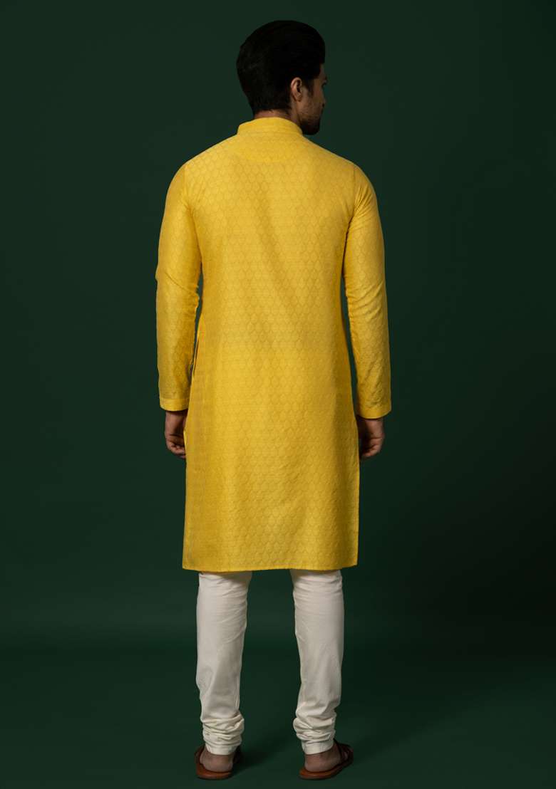 Yellow Woven Jacquard Cotton Blend Kurta - Indya