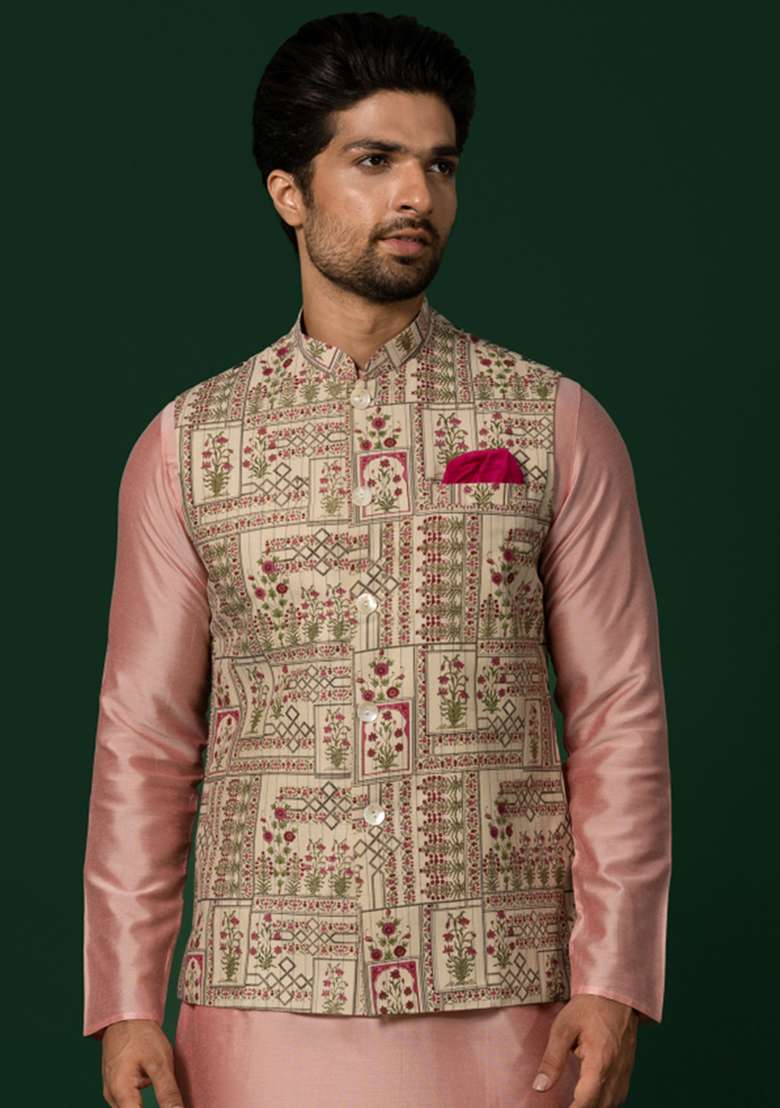 White And Pink Printed Cotton Blend Jacket - Indya