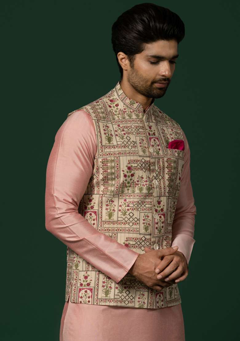 White And Pink Printed Cotton Blend Jacket - Indya