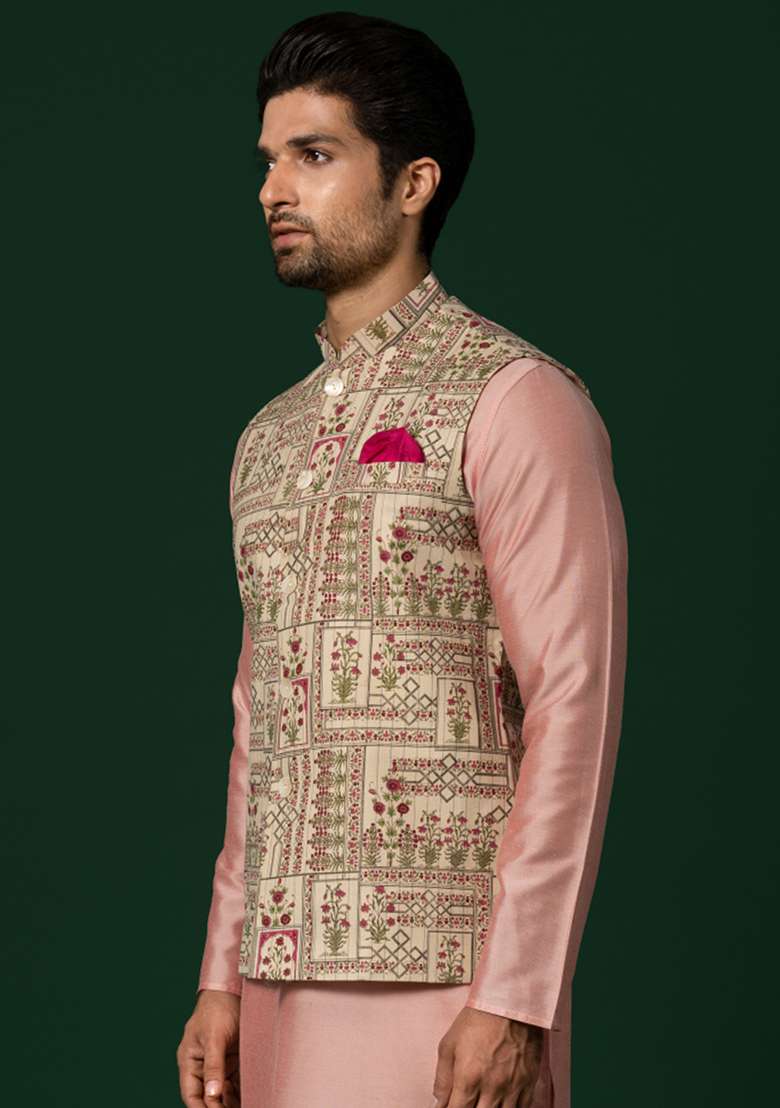 White And Pink Printed Cotton Blend Jacket - Indya
