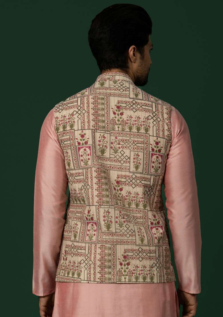 White And Pink Printed Cotton Blend Jacket - Indya