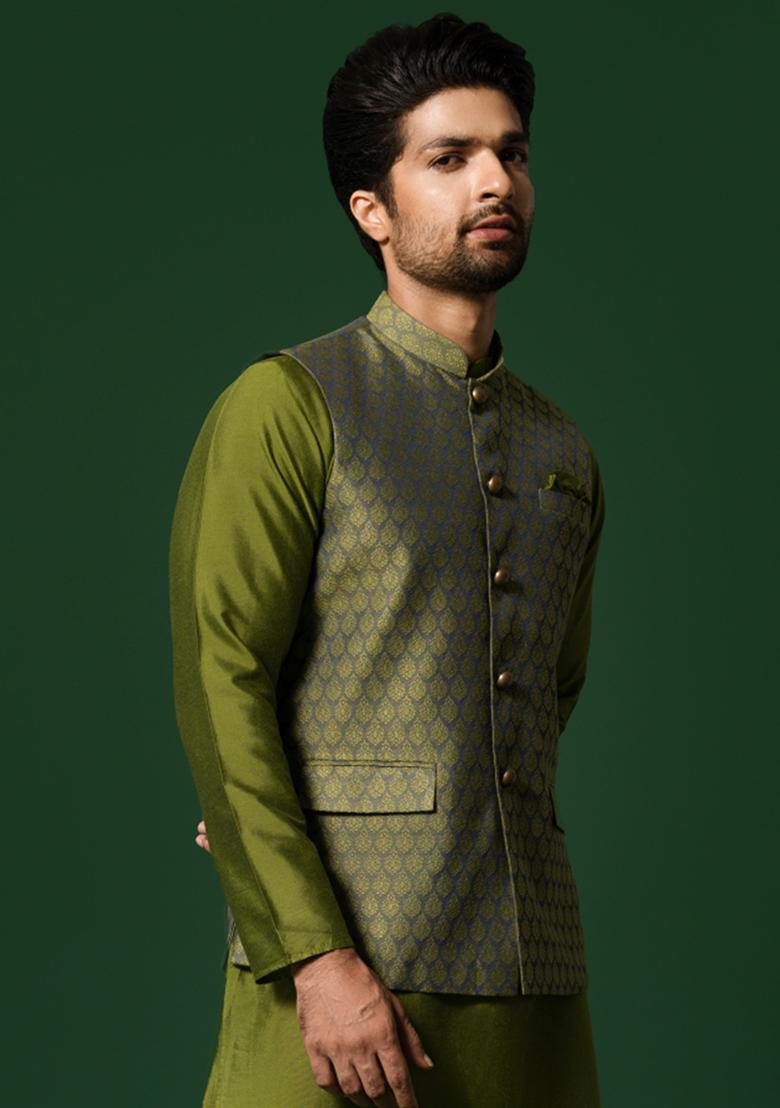 Green Textured Silk Blend Jacquard Jacket