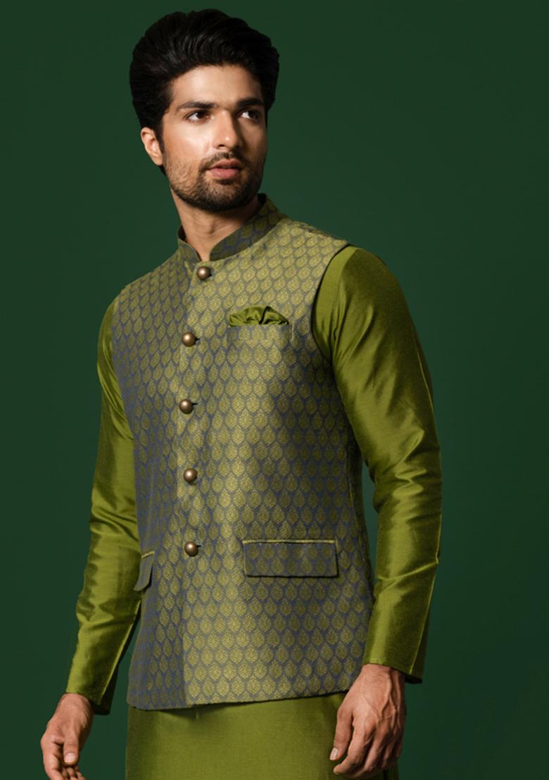 Green Textured Silk Blend Jacquard Jacket