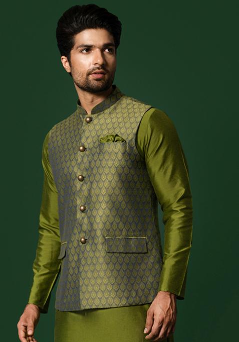 Green Textured Silk Blend Jacquard Jacket