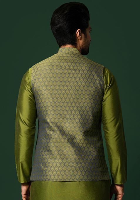 Green Textured Silk Blend Jacquard Jacket