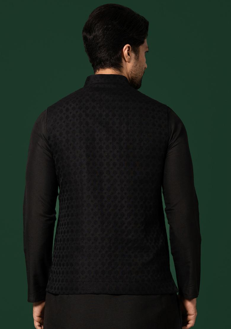 Black Textured Cotton Blend Jacket - Indya