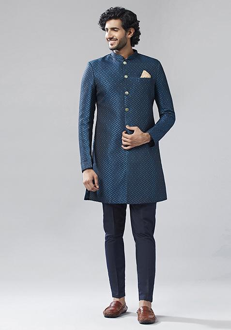 Navy Blue Embellished Silk Blend Jacquard Sherwani Set