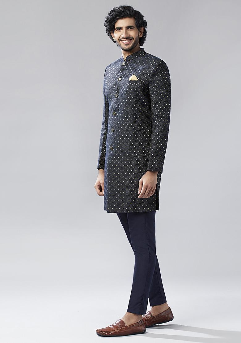 Navy Blue Embellished Silk Blend Jacquard Sherwani Set - Indya