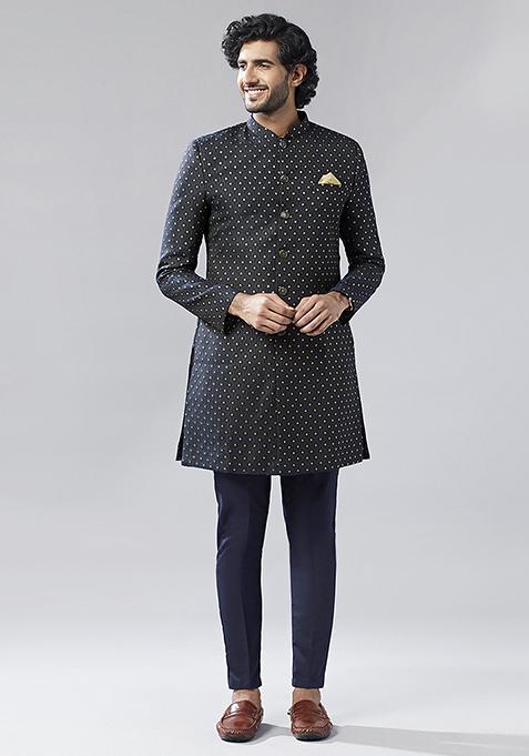 Navy Blue Embellished Silk Blend Jacquard Sherwani Set