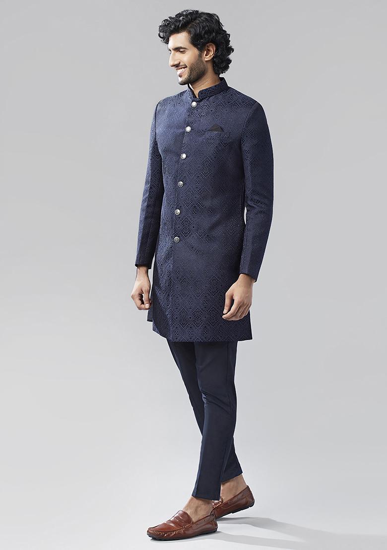Navy Blue Textured Silk Blend Jacquard Sherwani Set - Indya