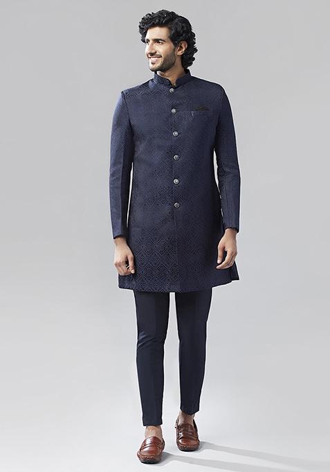 Navy Blue Textured Silk Blend Jacquard Sherwani Set