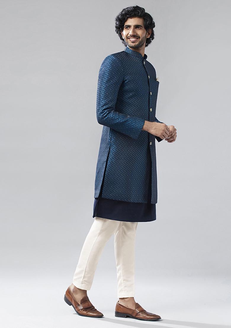 Navy Blue Embellished Silk Blend Jacquard Kurta Sherwani Set
