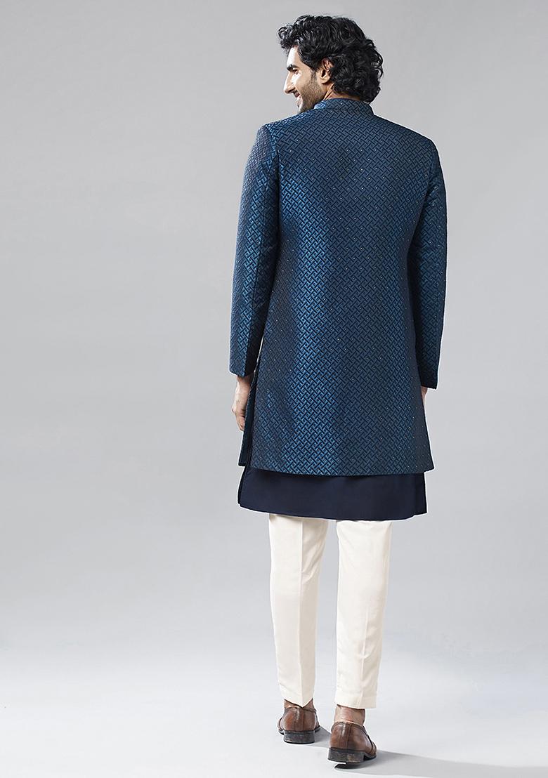 Navy Blue Embellished Silk Blend Jacquard Kurta Sherwani Set